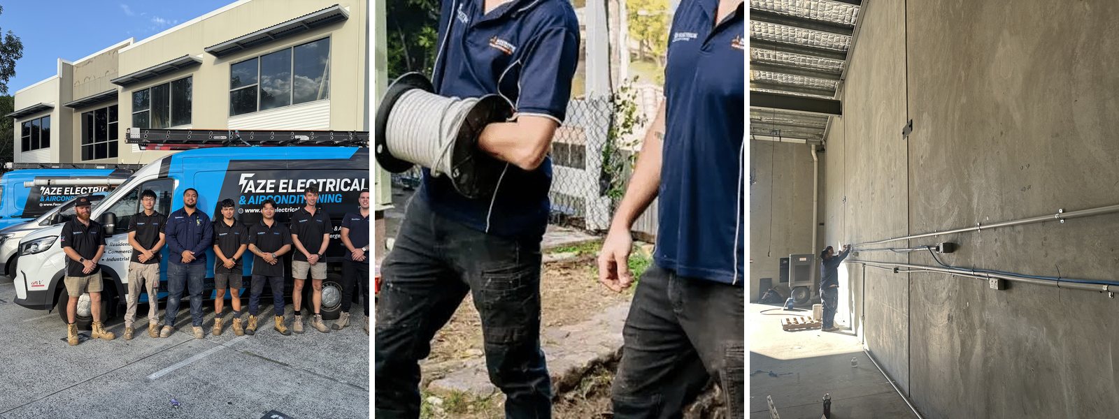 The Faze team with two vans, two electricians carrying cable and conduit run along a warehouse wall